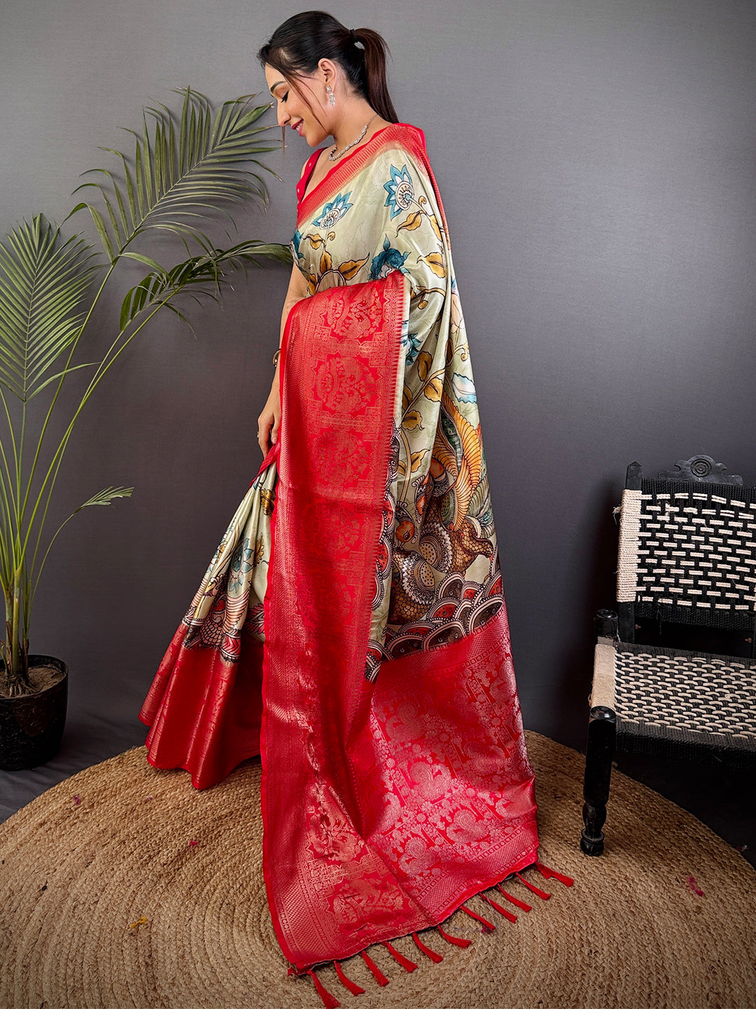 Ivory Kalamkari Printed Soft Satin Saree by My Store