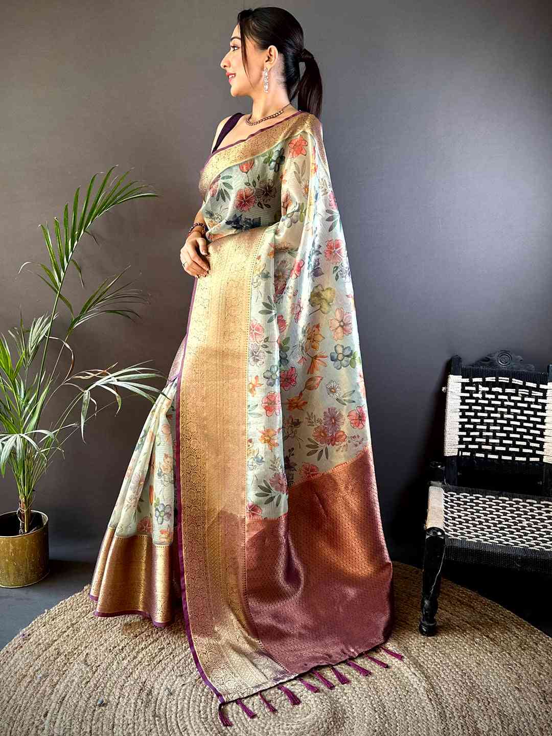 Fern Green Floral Gold Zari Tissue Saree by My Store