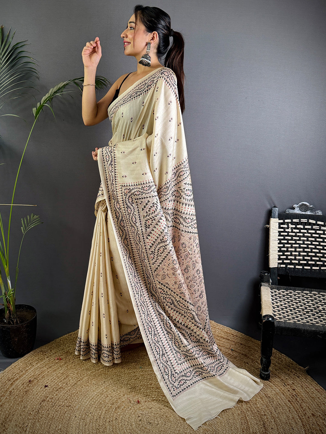 Cream Tussar Silk Madhubani Print Saree by My Store