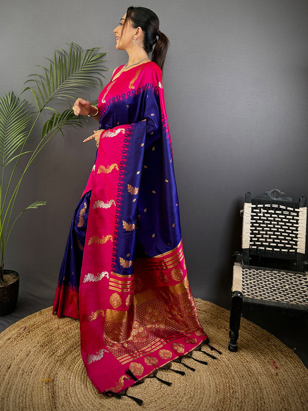 Purple Gold Zari Peacock Butta Soft Silk Saree by My Store
