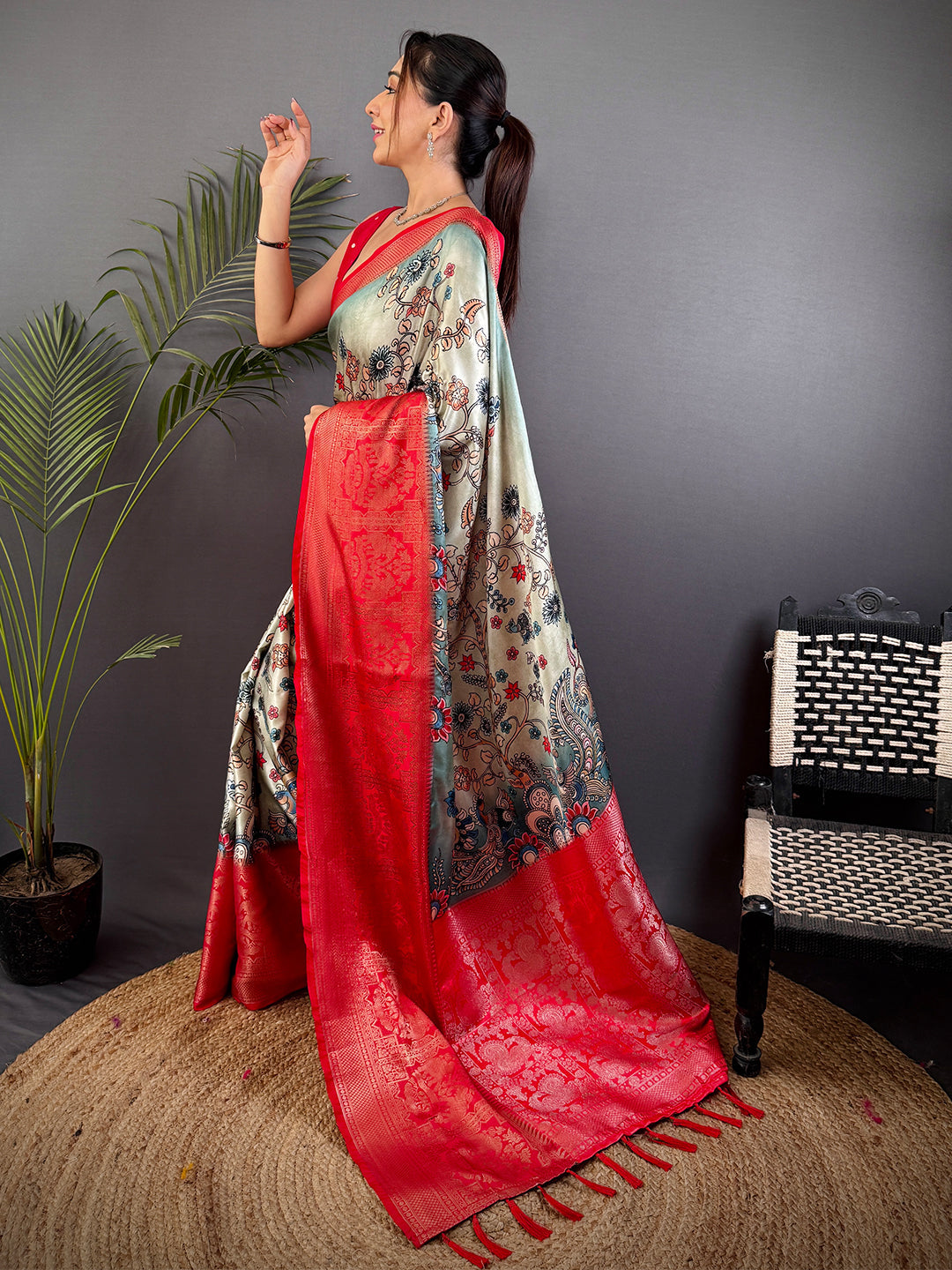 Sage Green Kalamkari Printed Soft Satin Saree by My Store