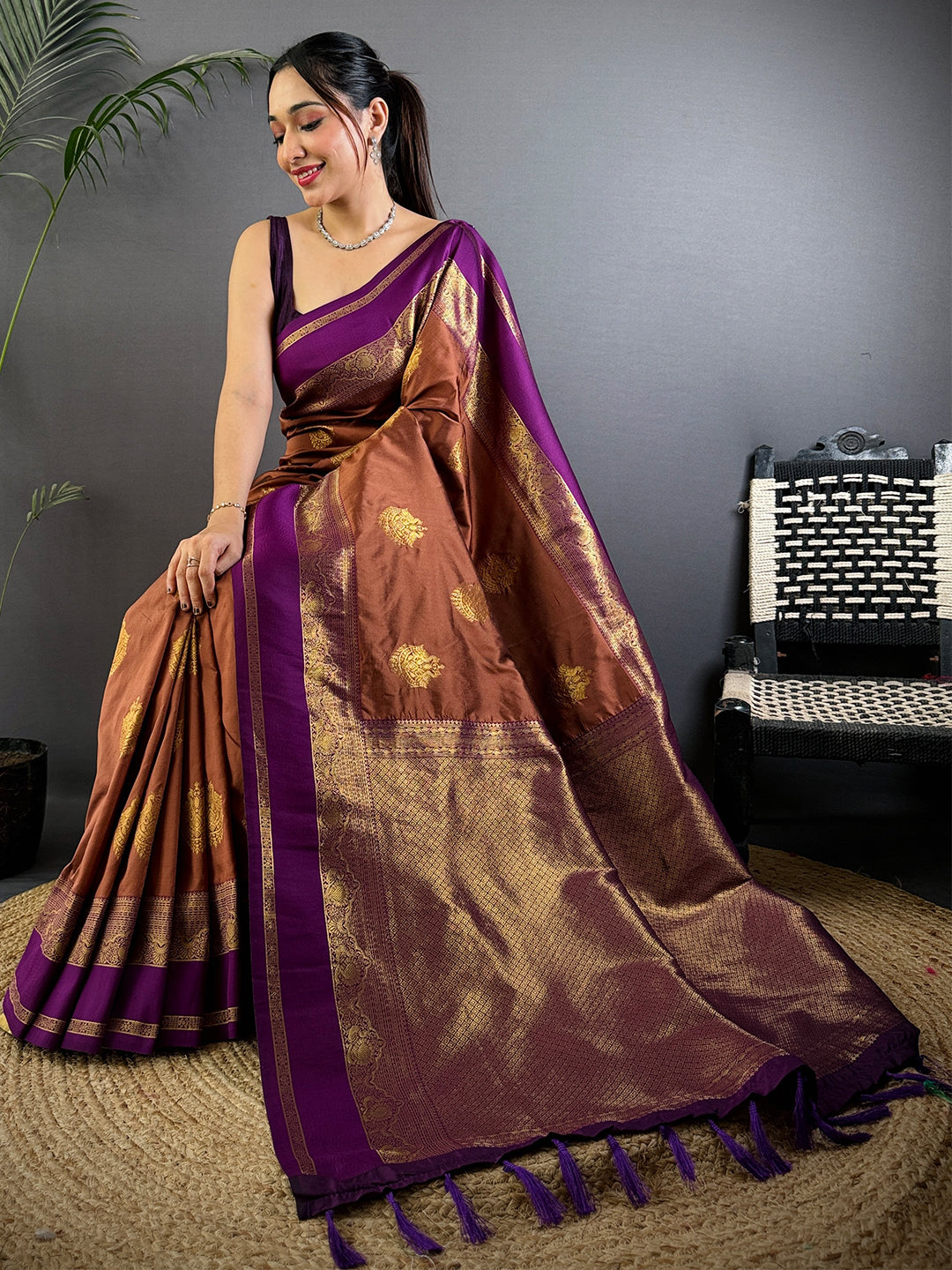Gold Zari Bantex Border Silk Saree by My Store
