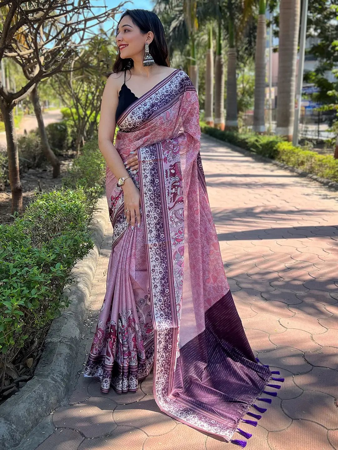 Satin Kota Doria Saree With Kalamkari Digital Print In Pink Colour by My Store