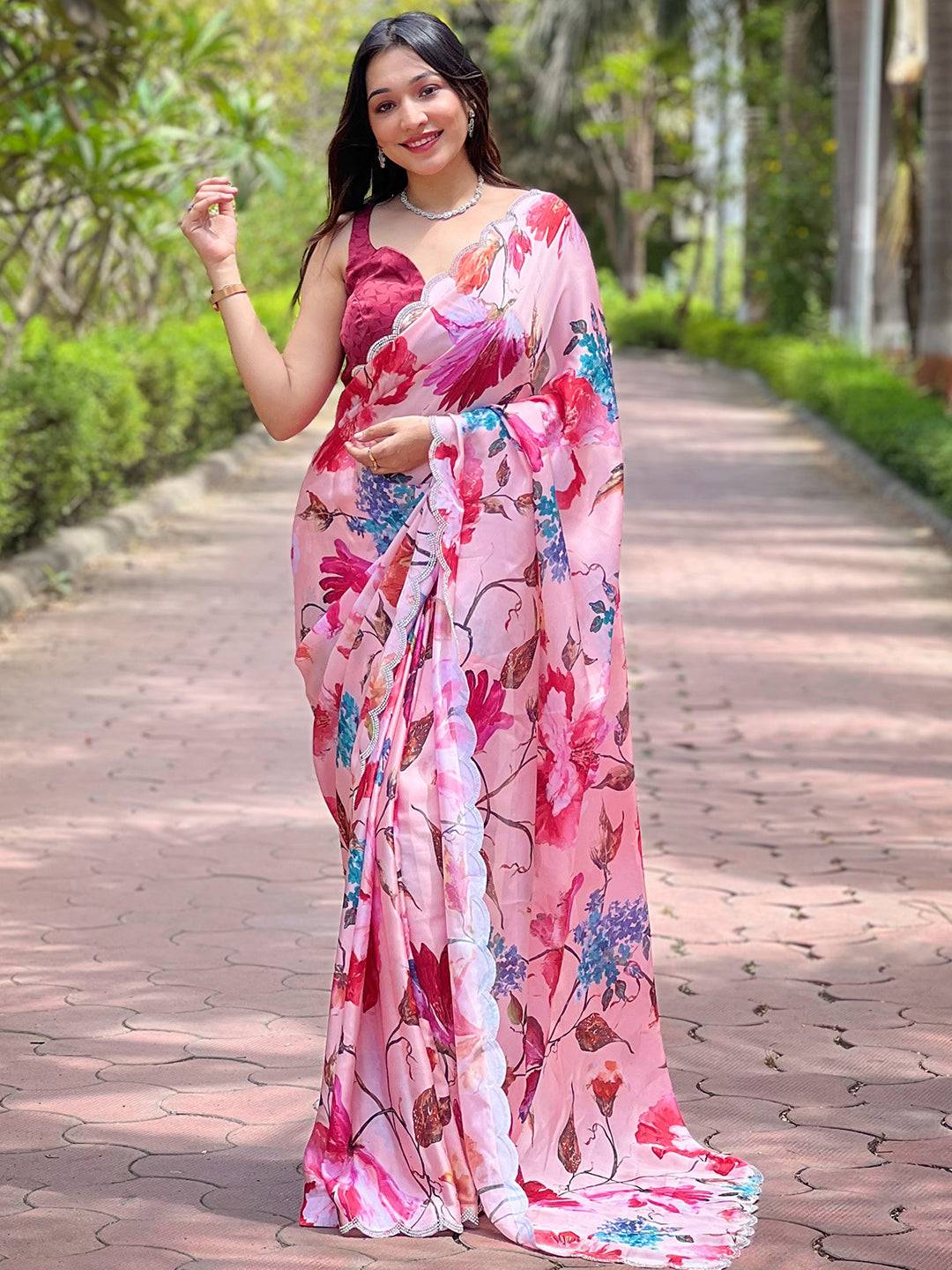 Peach Satin Georgette Floral Print Saree by My Store
