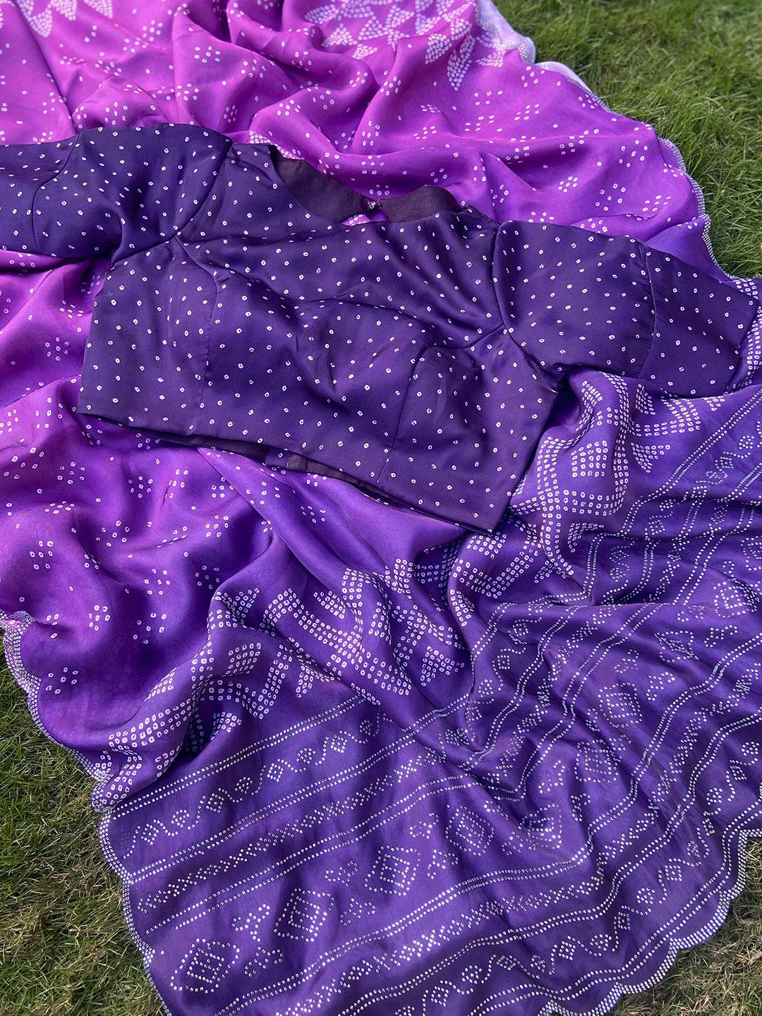 Purple Georgette Silk Saree with Ombre Bandhej Print & Swaroski Stone Work by My Store