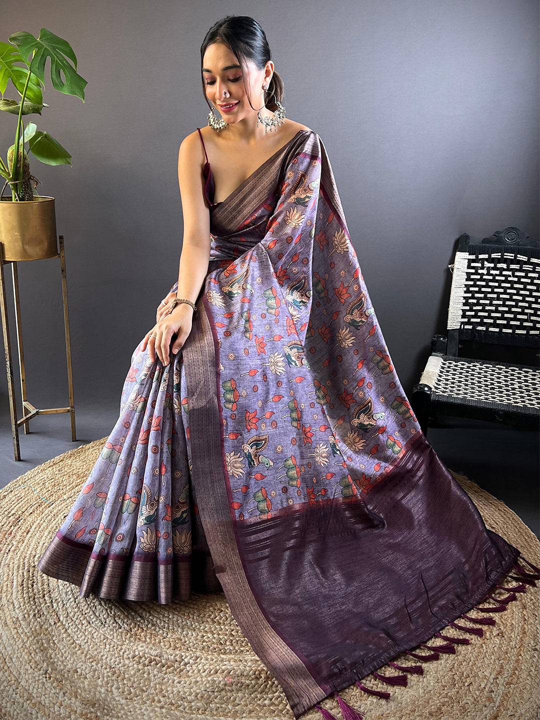 Purple Kalamkari Tussar Silk Saree by My Store