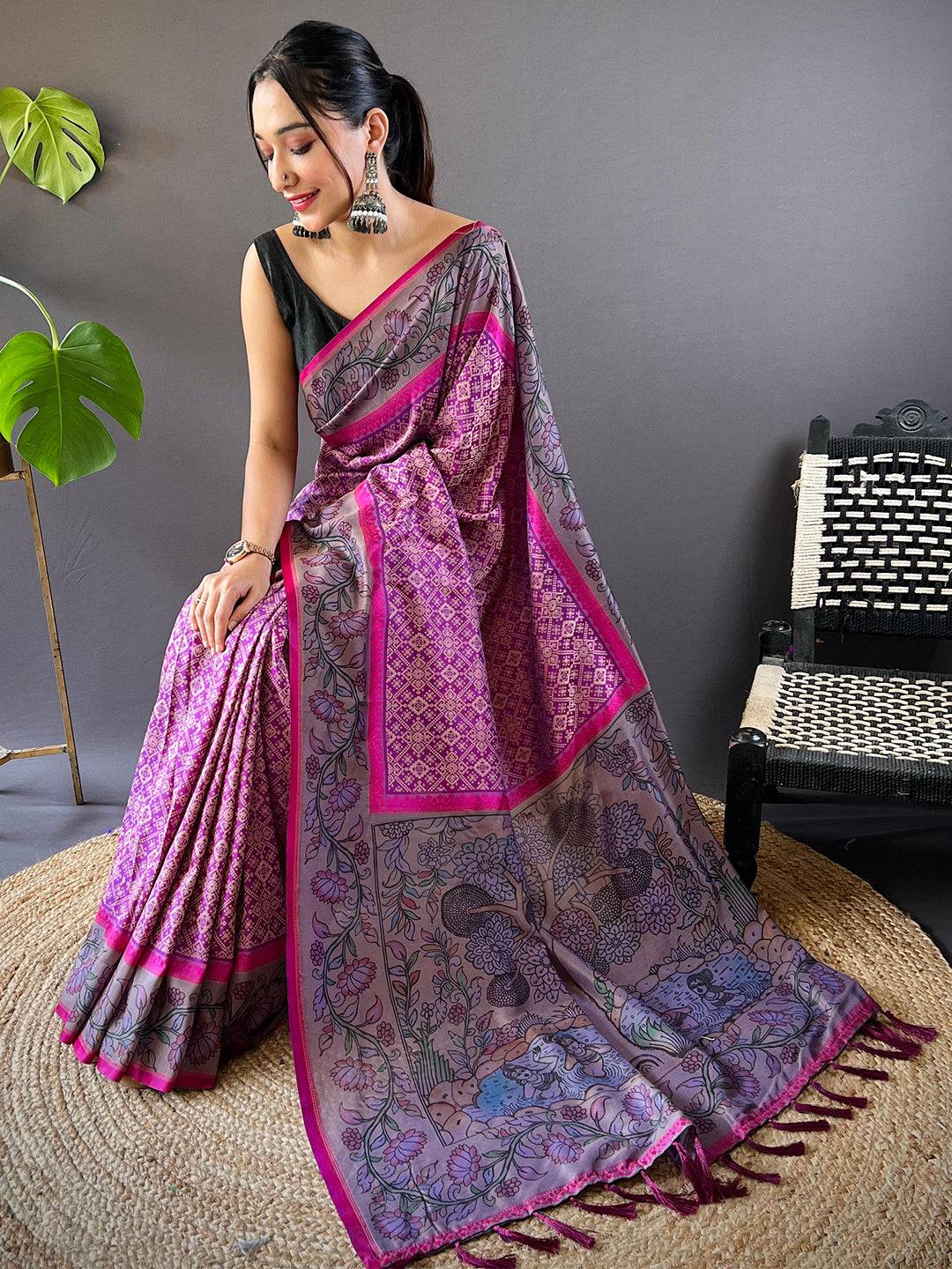 Deep Pink Patola And Kalamkari Fusion Saree by My Store