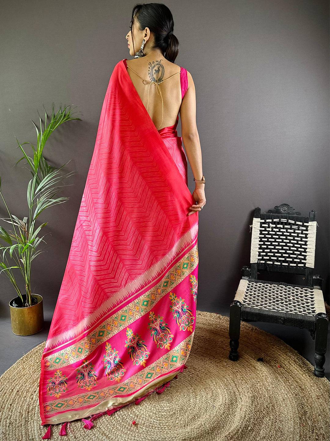 Deep Pink Leheriya Gamthi Silk Sarees by My Store