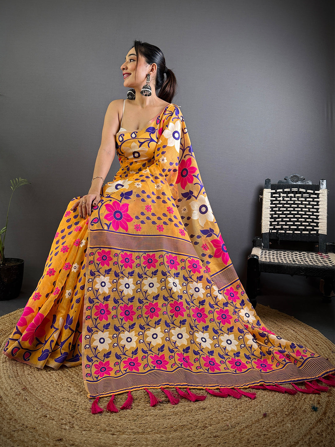 Gold Dhakai Jamdani Cotton Silk Saree by My Store