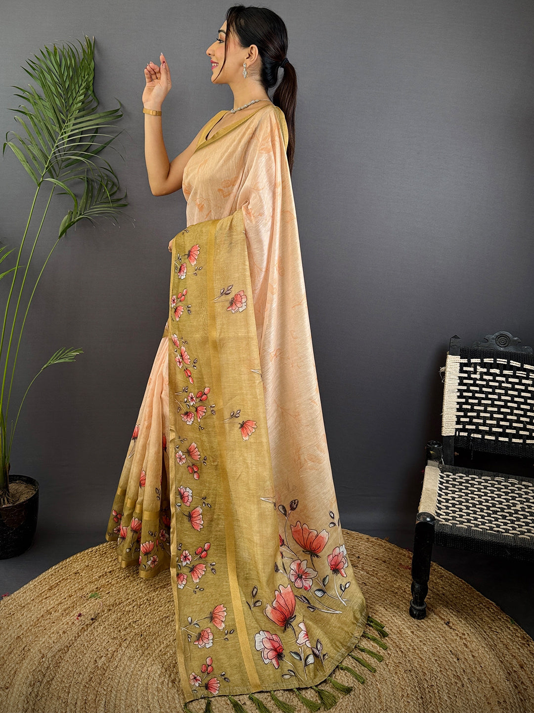 Olive Linen Chanderi Floral Print Saree by My Store