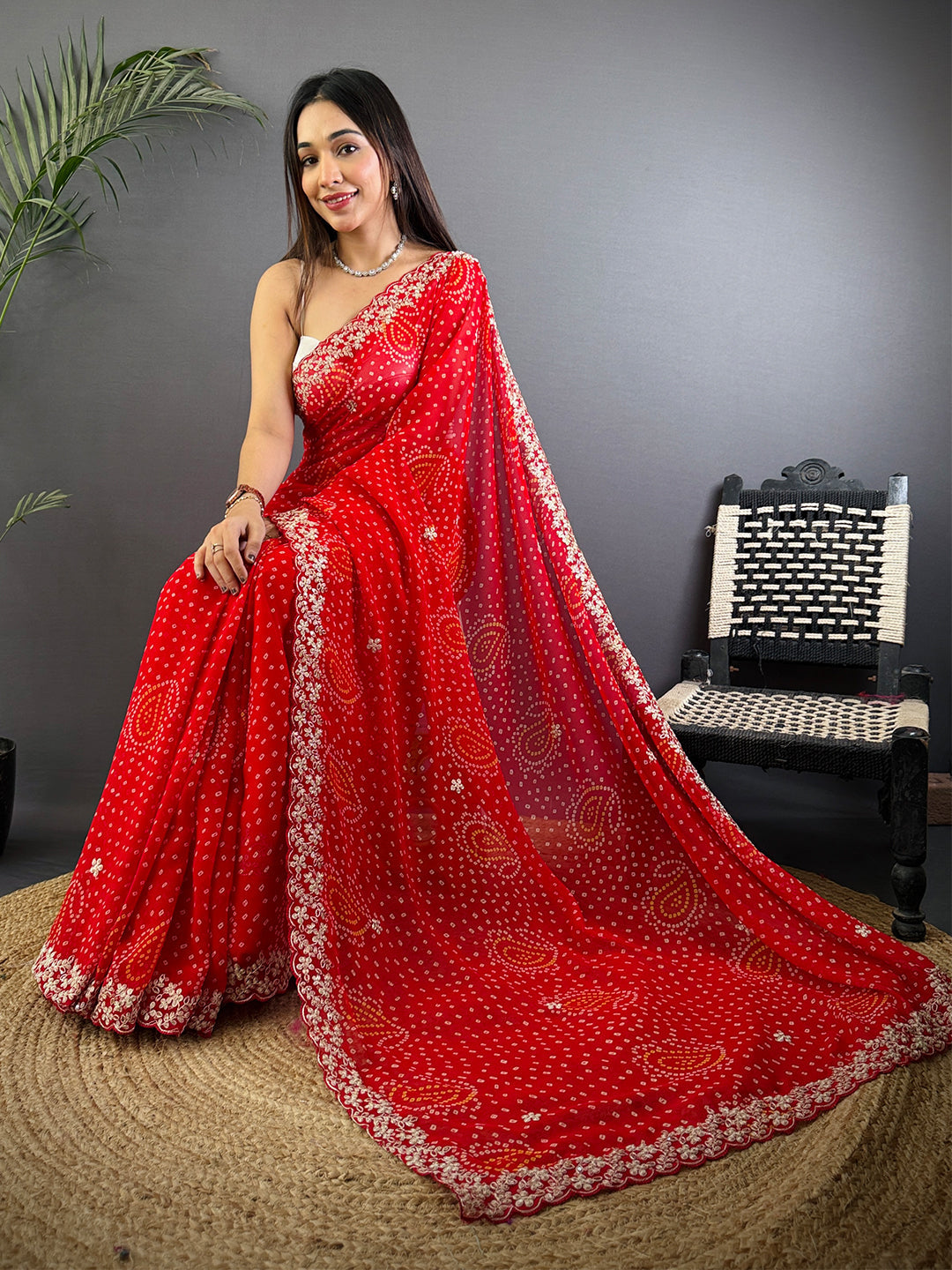 Red Soft Georgette Bandhej Print Saree by My Store
