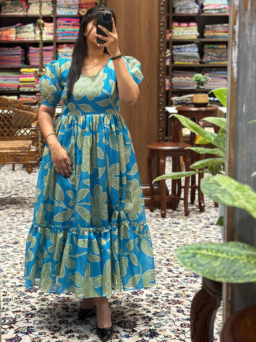 Torpical Teal Floral Print Midi Dress
