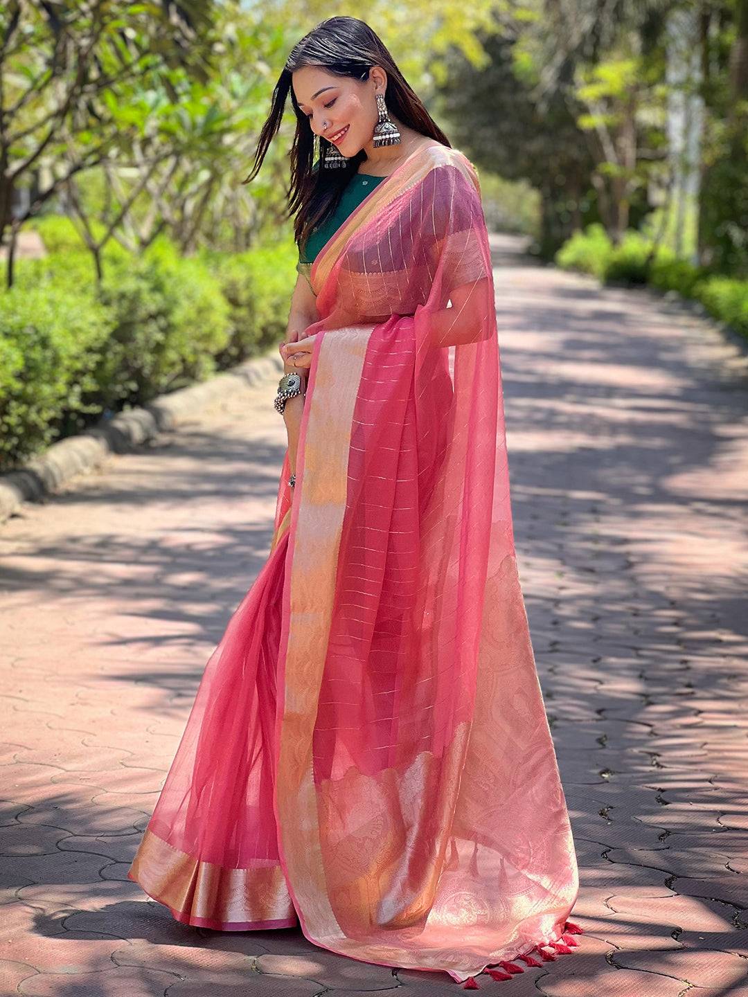 Dark Pink Pure Viscose Organza Saree With Fine Gold Zari Weaving Border by My Store