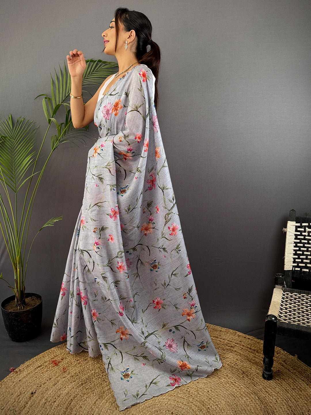 Grey Soft Kota Floral Print Saree by My Store