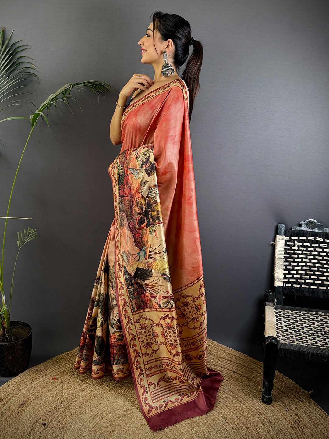 Red Soft Dola Silk Printed Saree by My Store