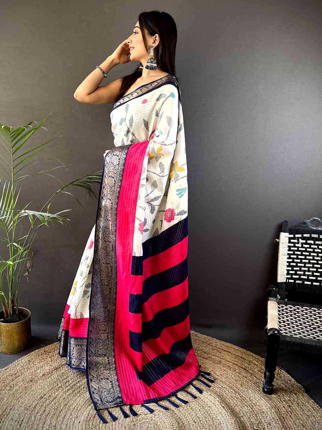 Navy Dola Silk Bird Print Saree by My Store