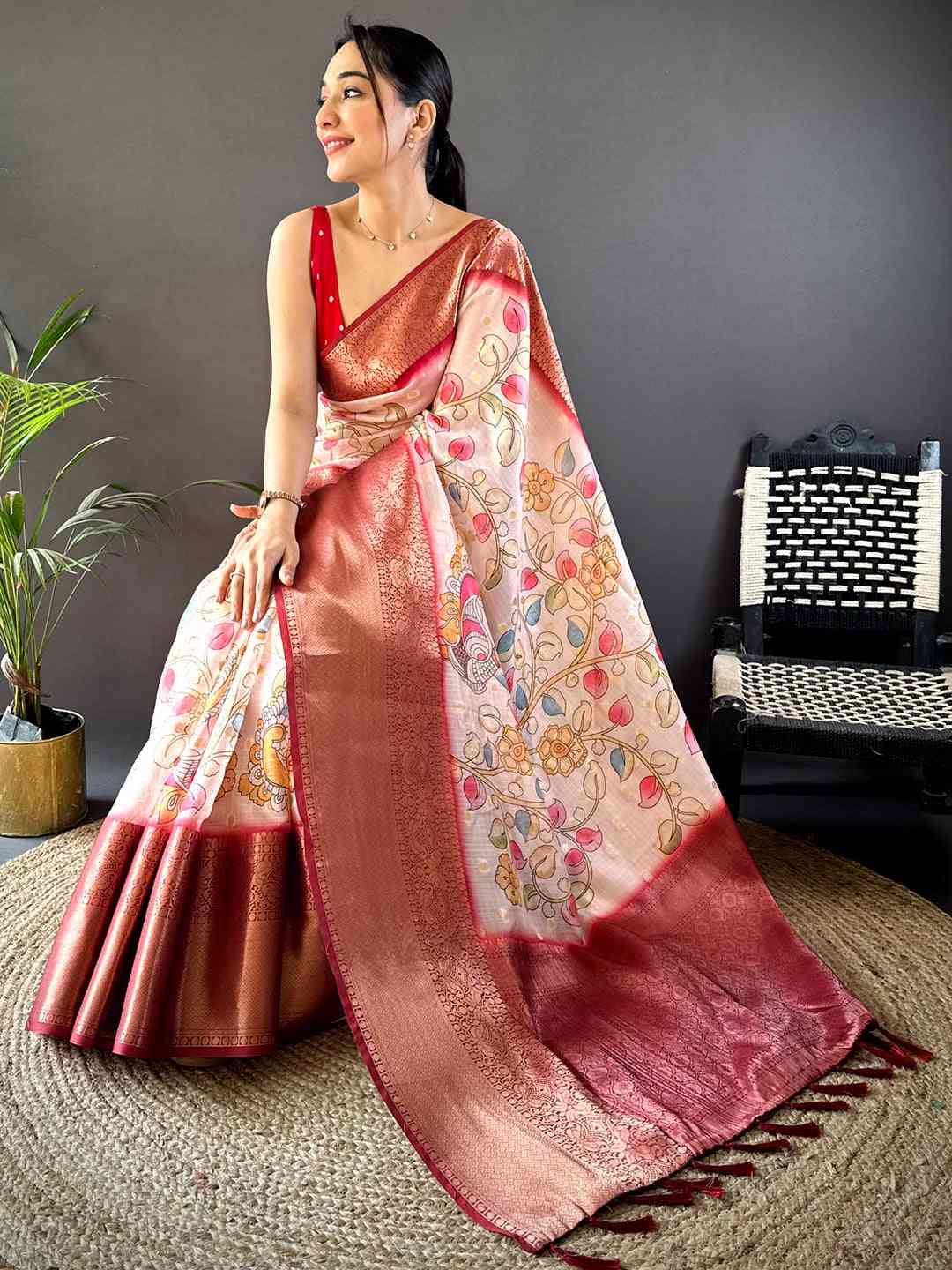 White Floral Kalamkari Kota Doriya Saree