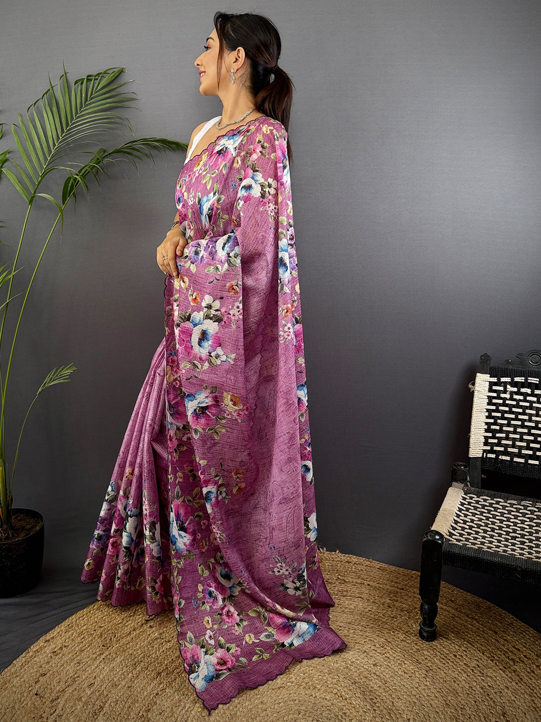 Dusty Rose Floral Cut Work Kota Saree by My Store