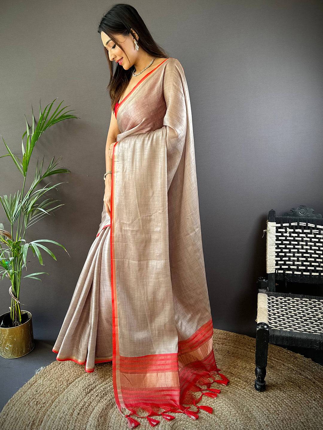 Radiant Ember Satin Tissue Saree by My Store