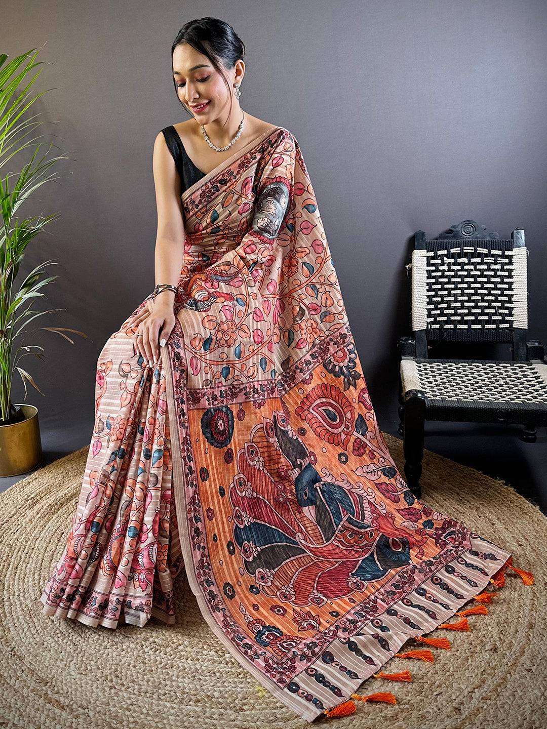 Crayola Peach Kalamkari Saree by My Store