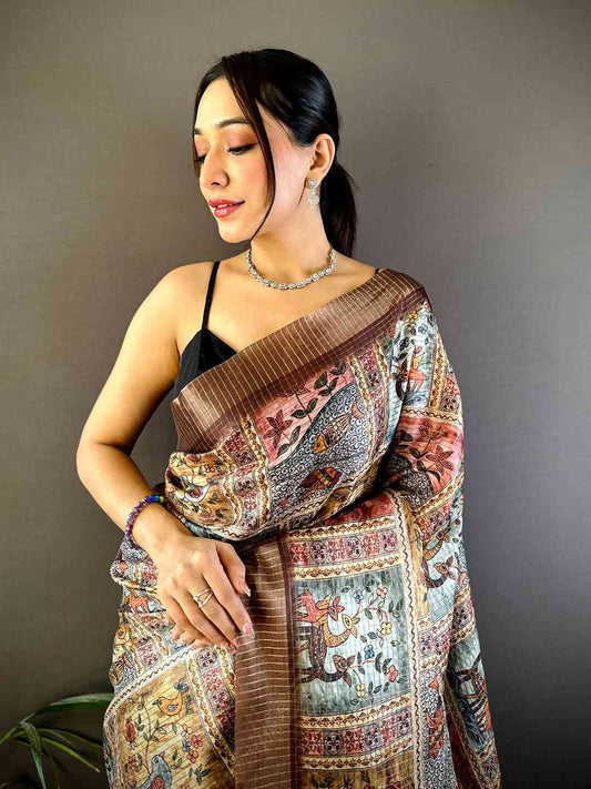 Multi Black Chex Kalamkari Madhubani Saree by My Store