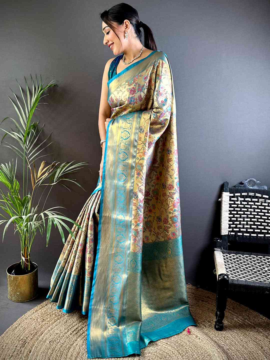 Radiant Rama Butterfly Floral Dharmavaram Saree by My Store