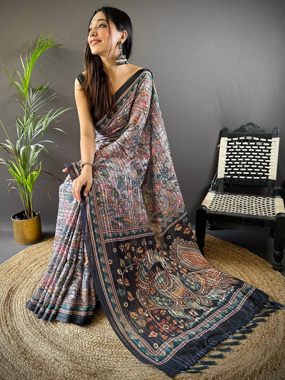Grey Kalamkari Stripes Chanderi Saree by My Store