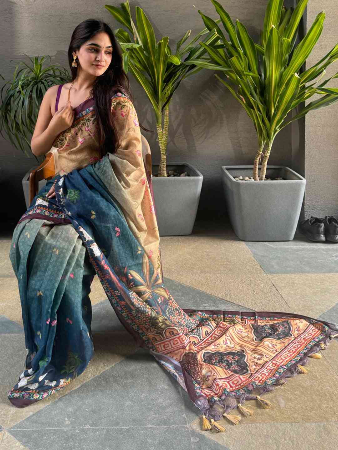 Soft Linen Ombre Pichwai Printed Turquoise Colour Saree by My Store