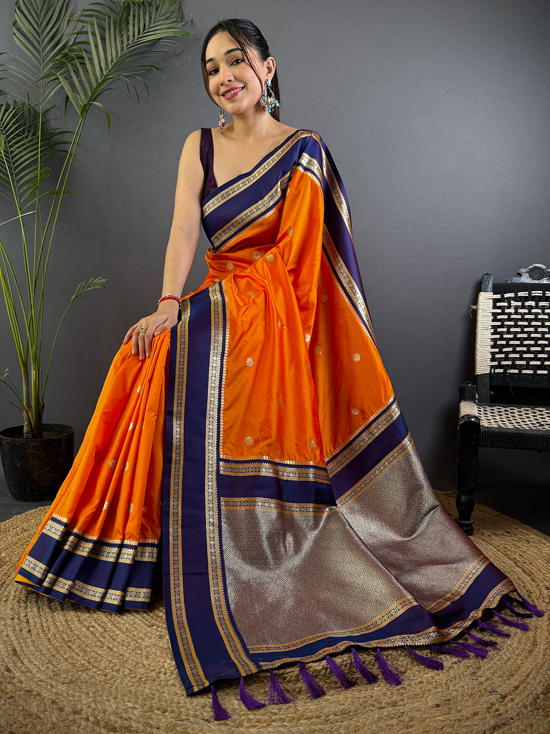 Navy Blue Soft Silk Floral Butta Saree by My Store