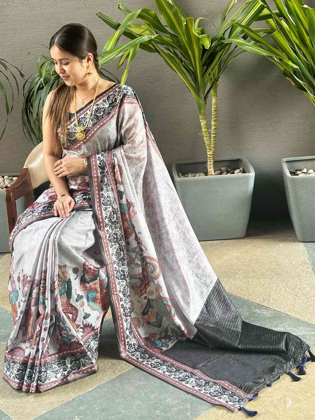 Grey Colour Satin Kota Doria Digital Kalamkari Zari Pallu by My Store