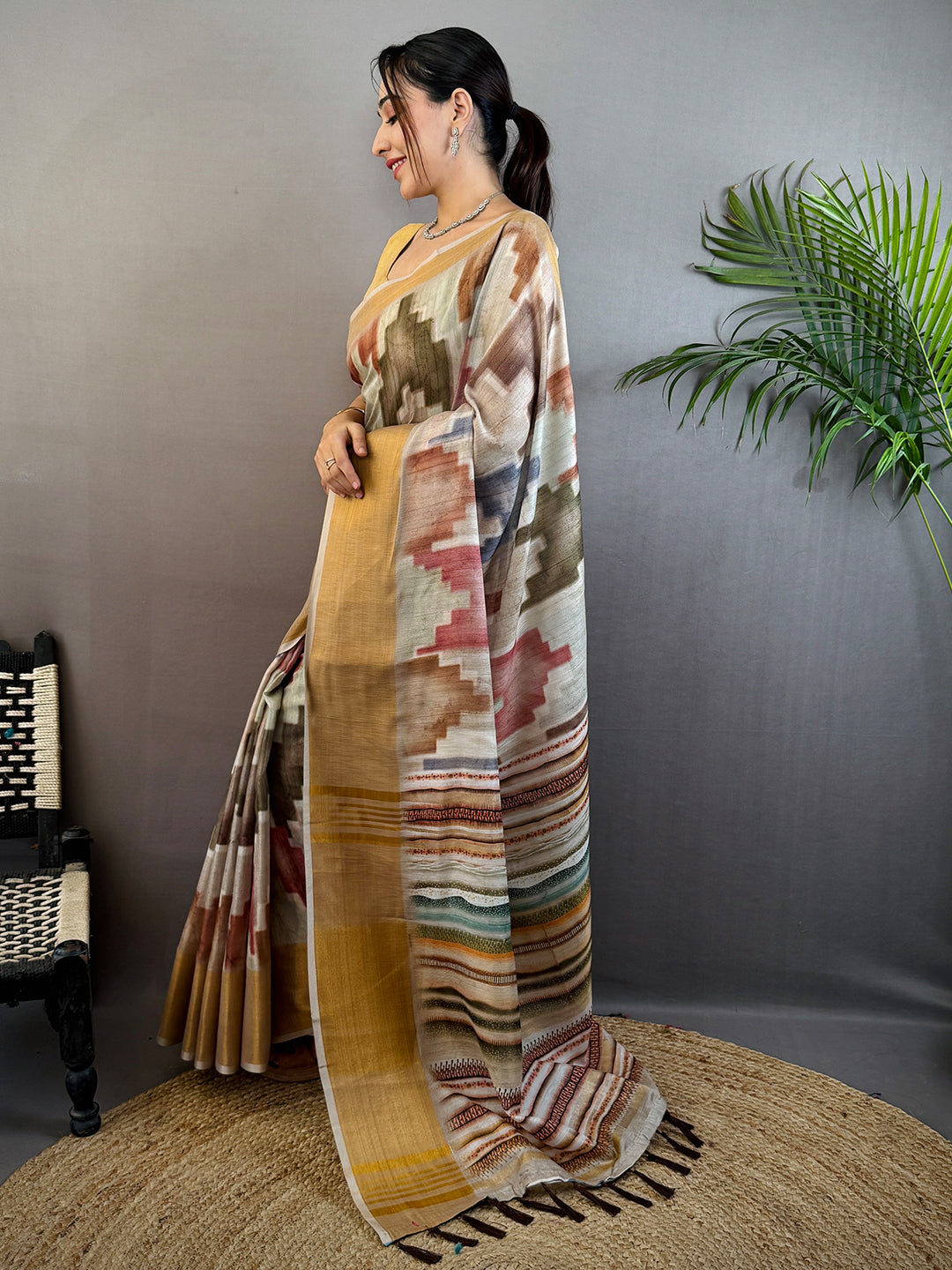 Ivory Geometric Kalamkari Linen Saree by My Store