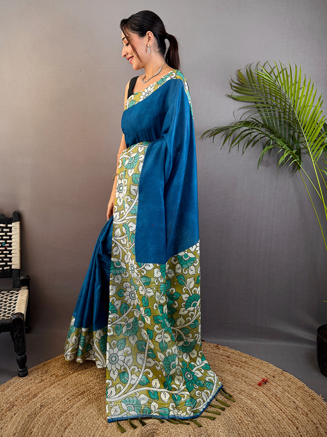 Teal Linen Kalamkari Print Saree by My Store