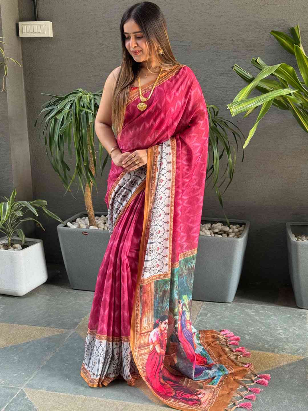 Rani Colour Ikkat Print Saree With kalamkari Block Print Design by My Store