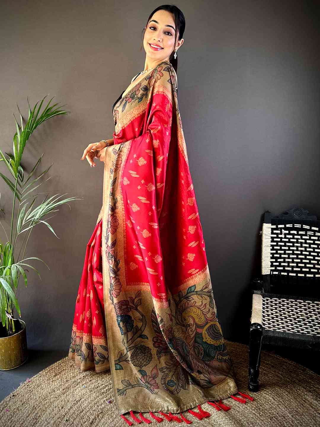 Red Soft Silk Kalamkari Printed Pallu Saree by My Store