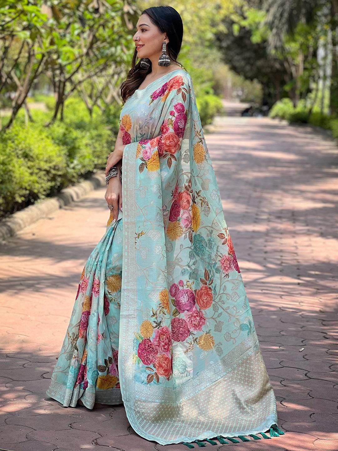 Light Green Lakhnavi Bandla Zari Weaving Saree by My Store