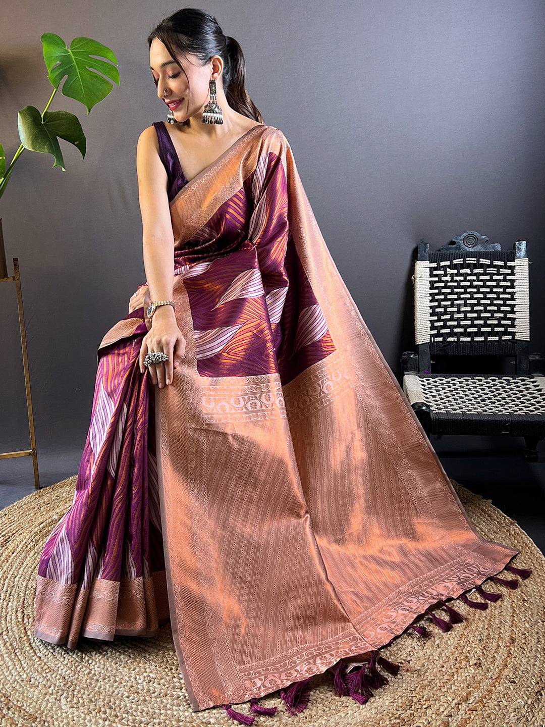 Cherry Tussar Silk Zari Weaving Ikkat Saree by My Store
