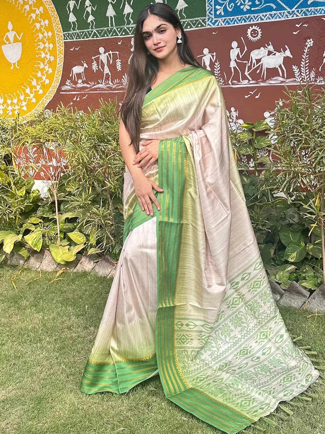 Ikkat Motifs and Paisley Prints on Ghicha Saree by My Store