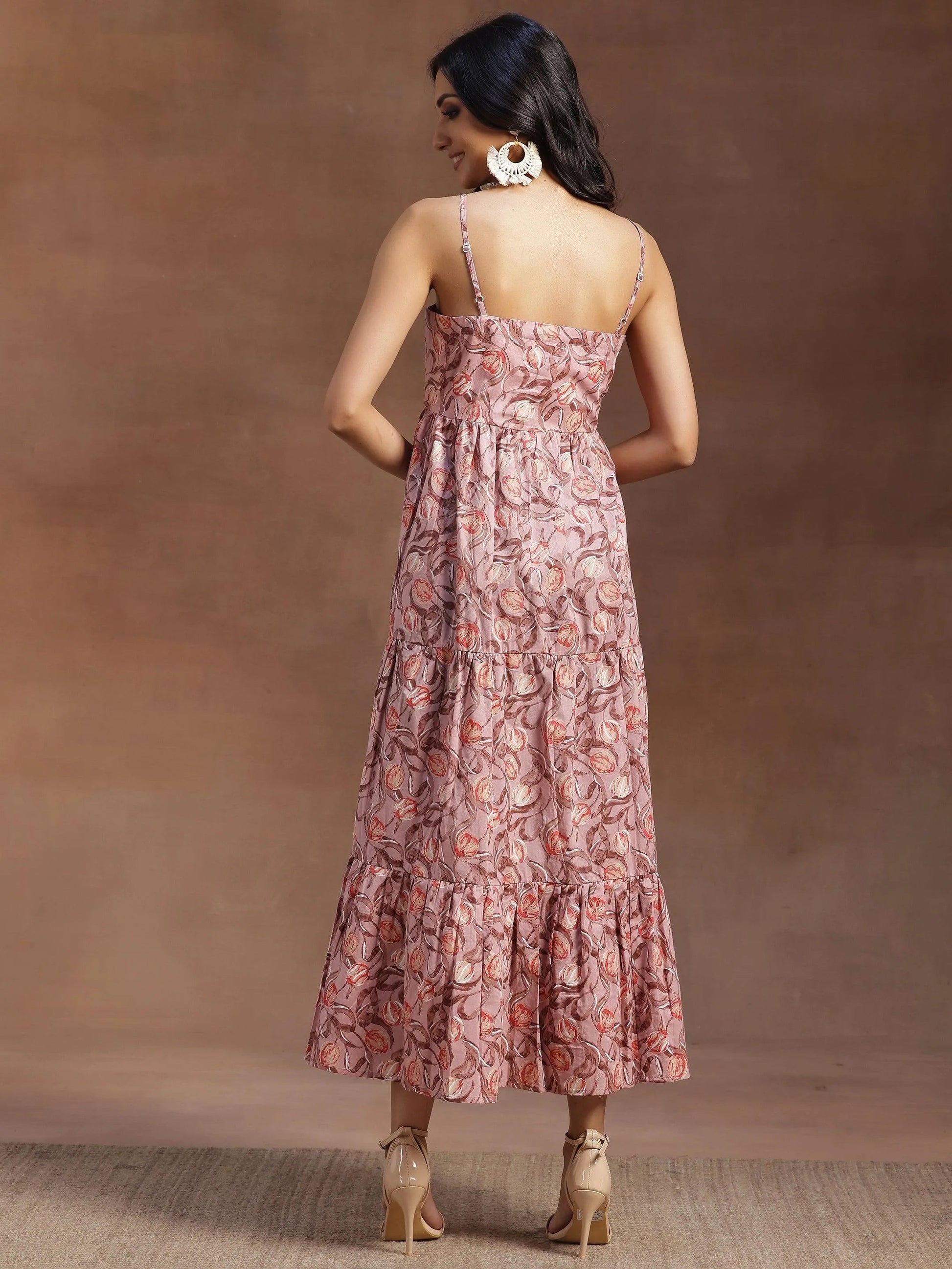 Peach Printed Cotton Fit and Flare Dress by My Store