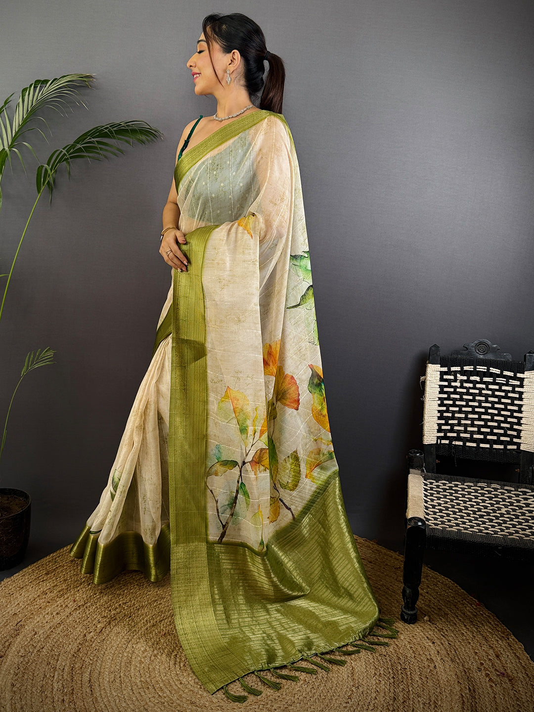 Off Whitte Soft Organza Digital Print Saree by My Store
