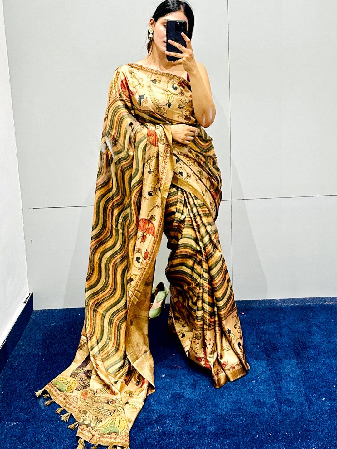 Olive Tussar Silk Kalamakri Flower With Leheriya Print Saree by My Store