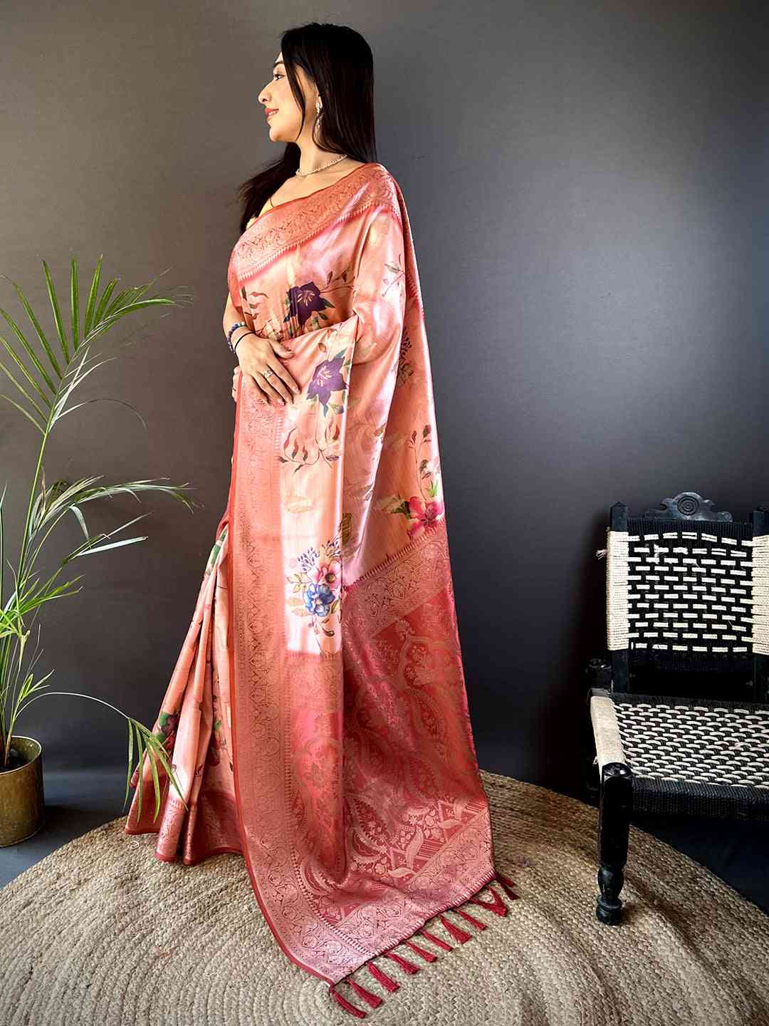 Coral Bamboo Silk Floral Saree by My Store