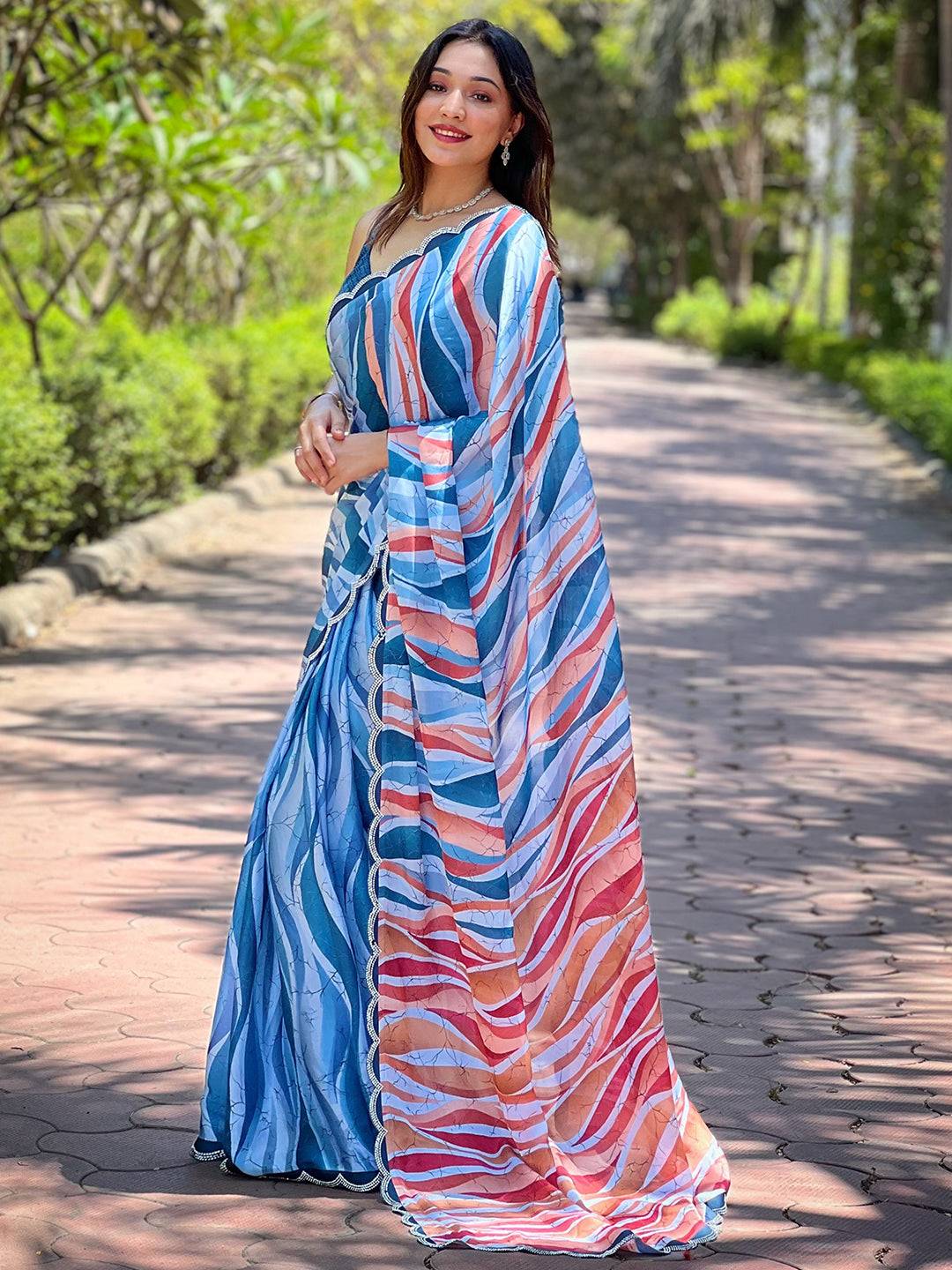 Blue Batik And Polka Dots Print Saree