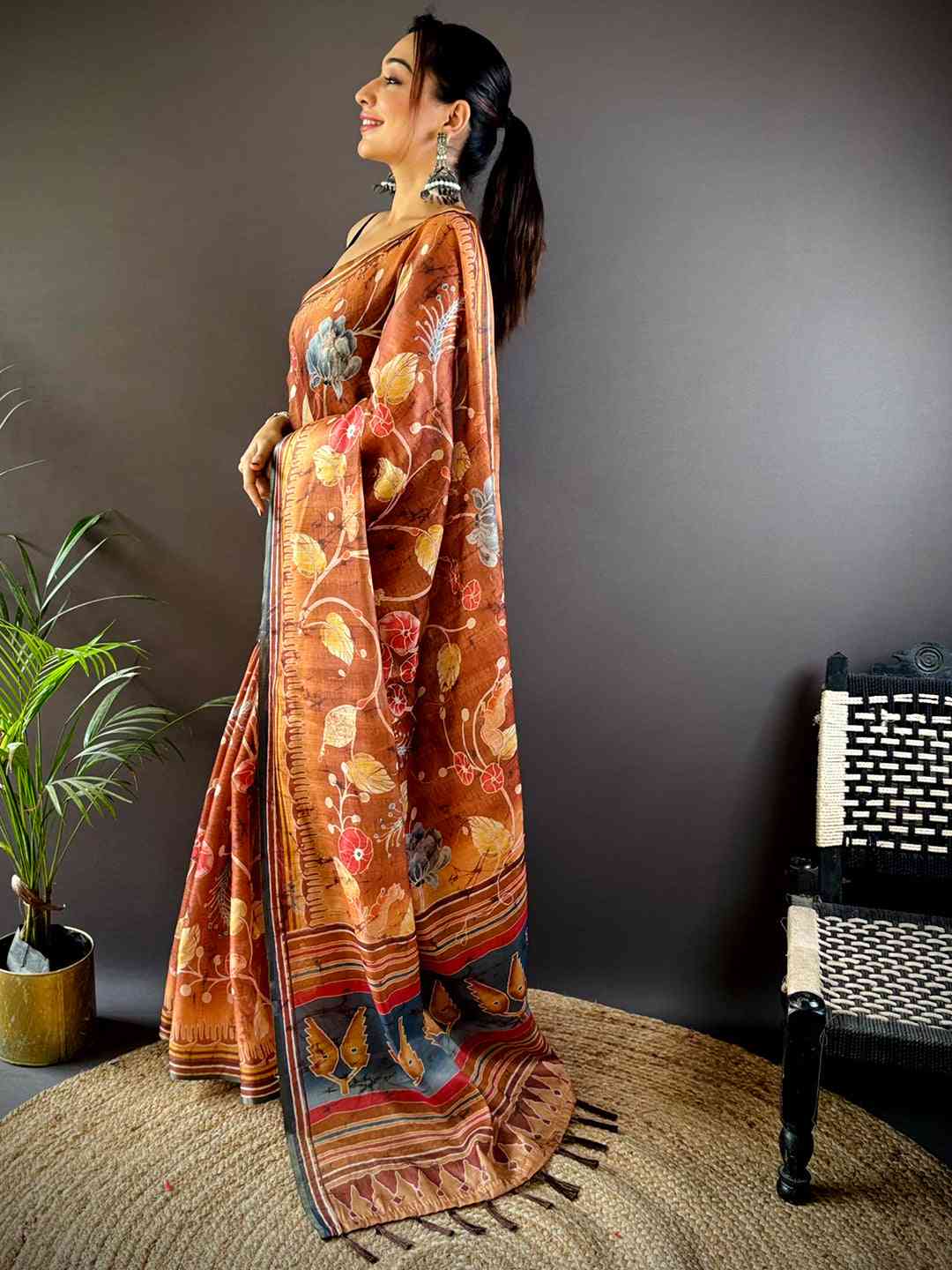 Copper Brown Tissue Chanderi Kalamkari Saree by My Store