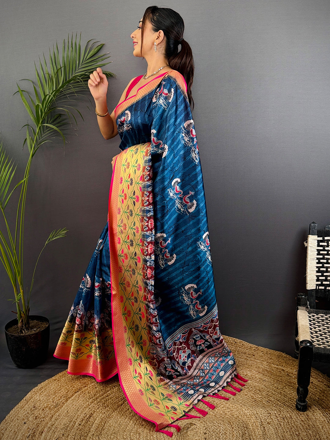 Dark Blue Freehand Digital Print Soft Silk Saree by My Store