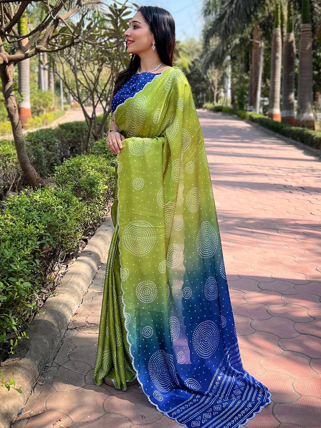 Lime Georgette Silk Saree with Ombre Bandhej Print & Swaroski Stone Work by My Store