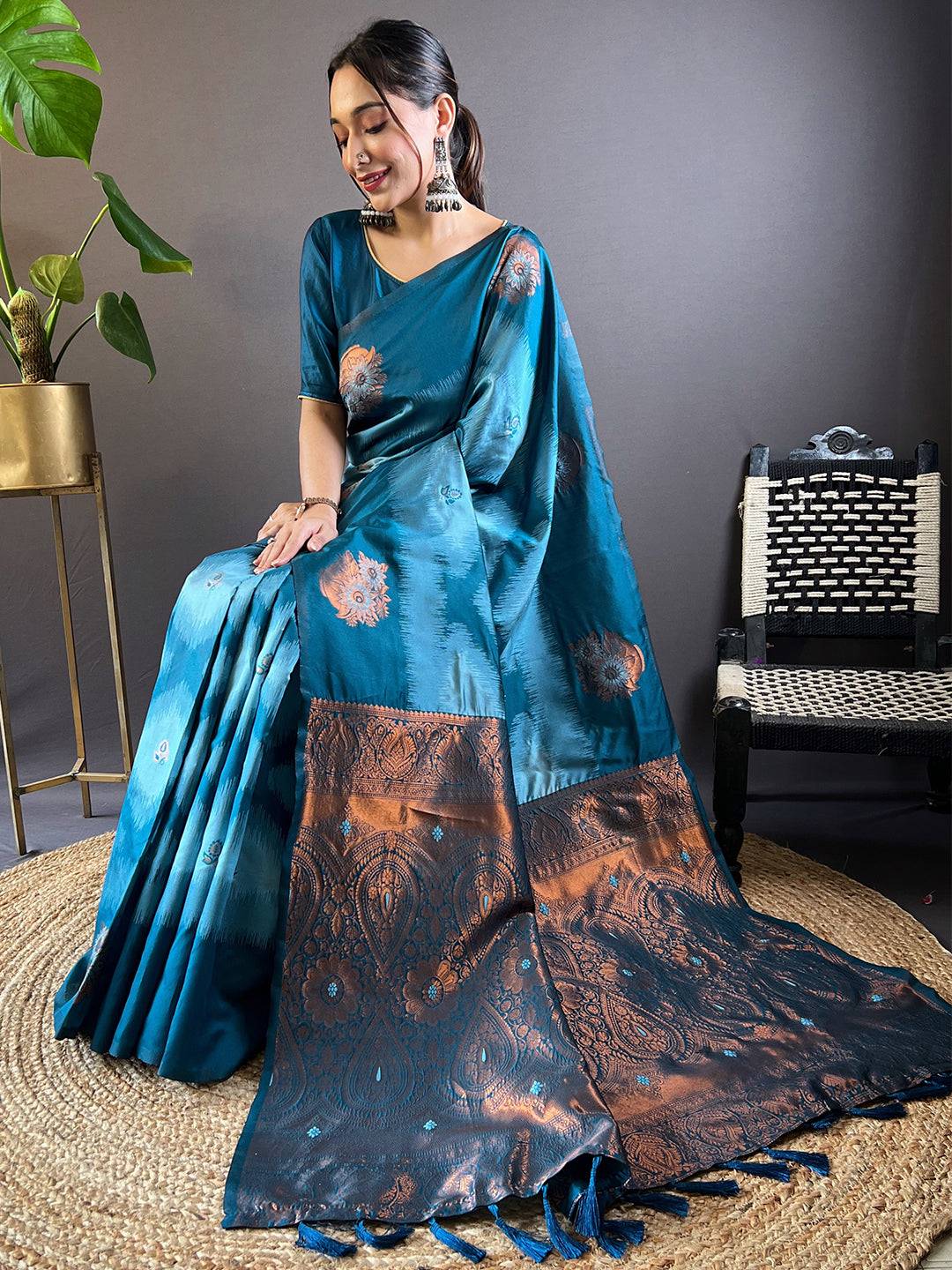 Blue Tussar Silk Ikkat Weaving Saree by My Store