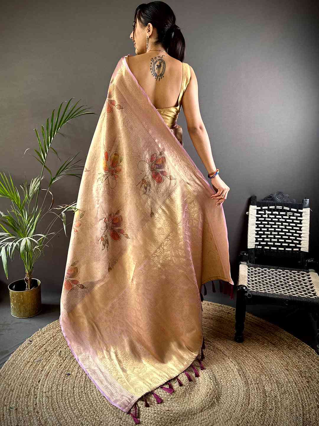Stylish Wine Self Gold Zari Floral Print Saree by My Store