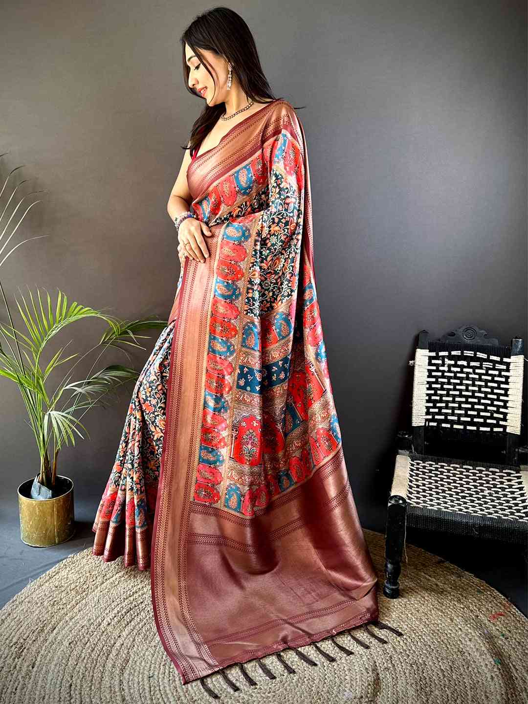 Brown Mughal Kalamkari Print Pashmina Saree by My Store