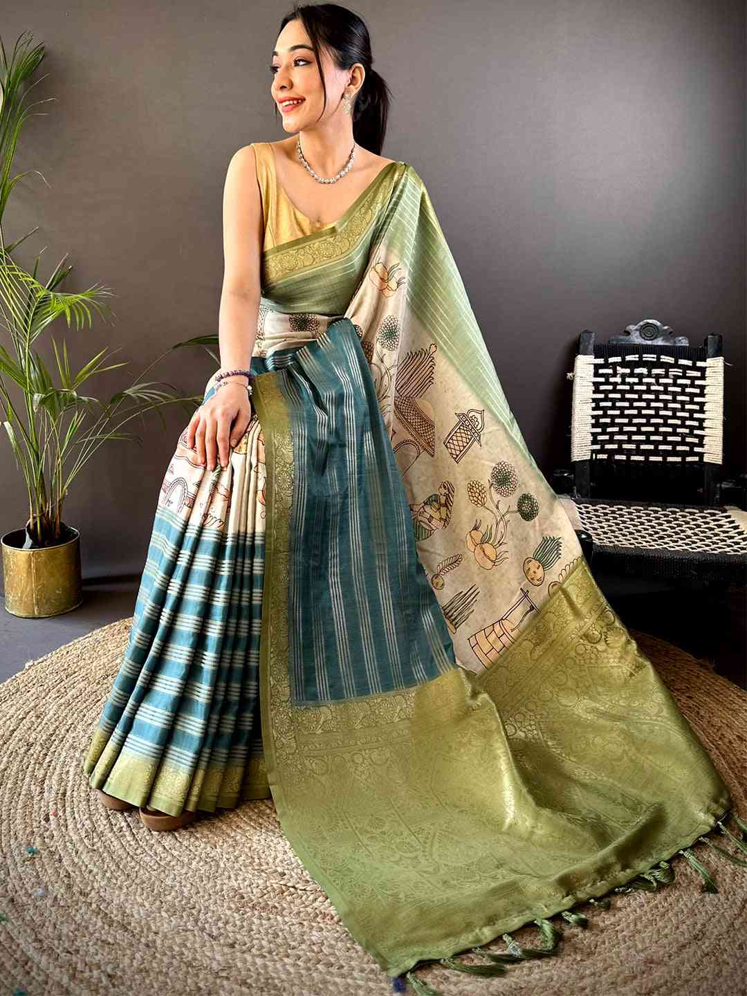 Pista Soft Crep Silk Ombre Print Saree by My Store