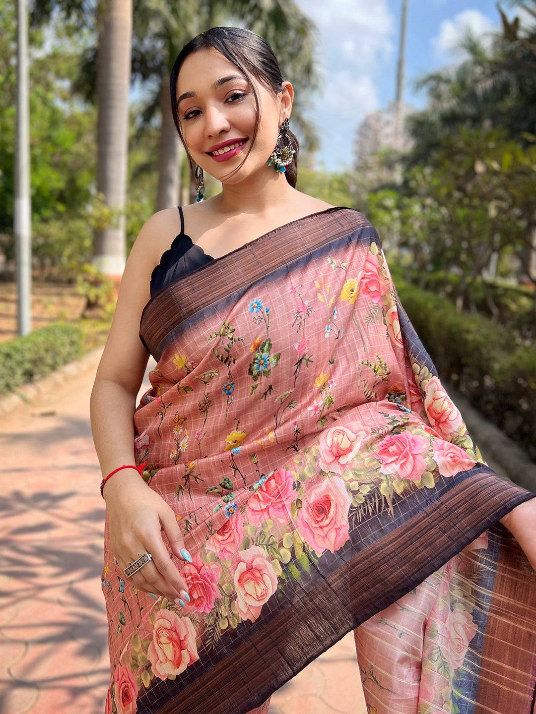 Peach Soft Silk Copper Zari Weaving Digital Floral Saree by My Store